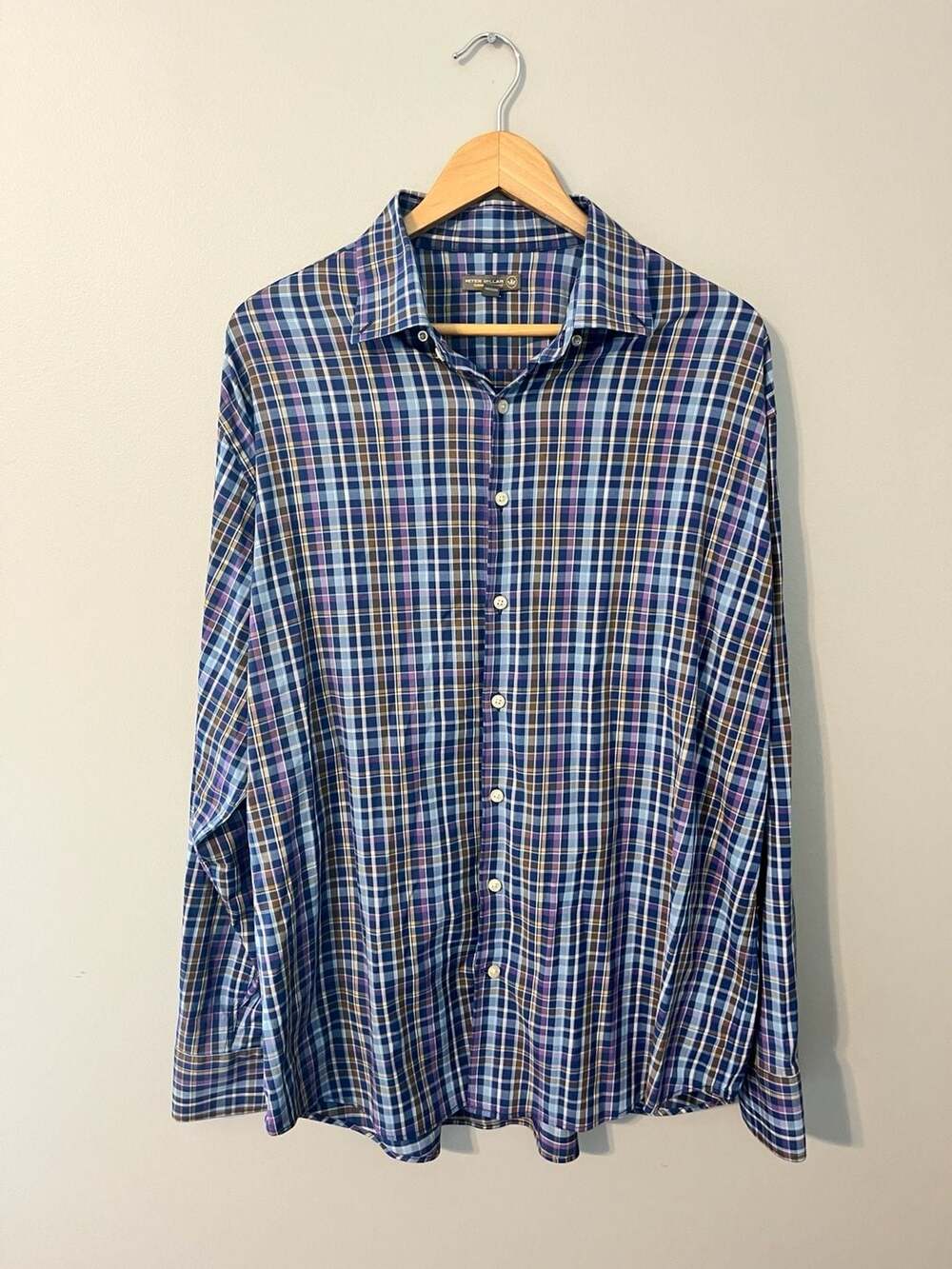 Peter Millar, Summer Comfort, Performance Plaid Long Sleeve Button Up,Blue,XL